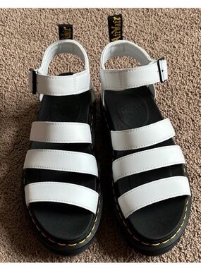 Dr. Martens woman’s White Multi-Strap Sandals with Yellow Stitching